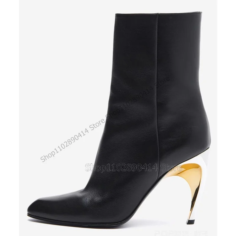 

Black Silver Pointed Toe Strange Style Heels Boots Side Zipper Women Shoes Mid Calf Sexy Fashion Party 2023 Zapatos Para Mujere