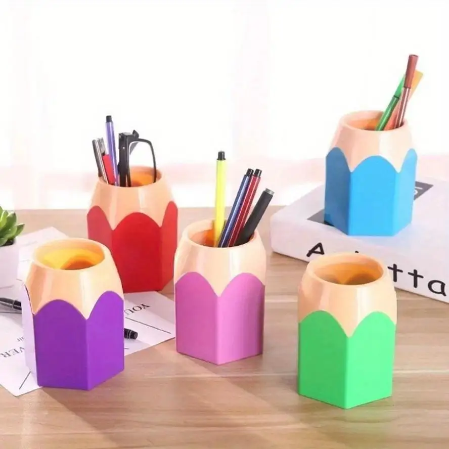 Cute Pencil Tip Design Pen Holder Plastic Large Capacity Desktop Storage Box Office Study Stationery Organizer
