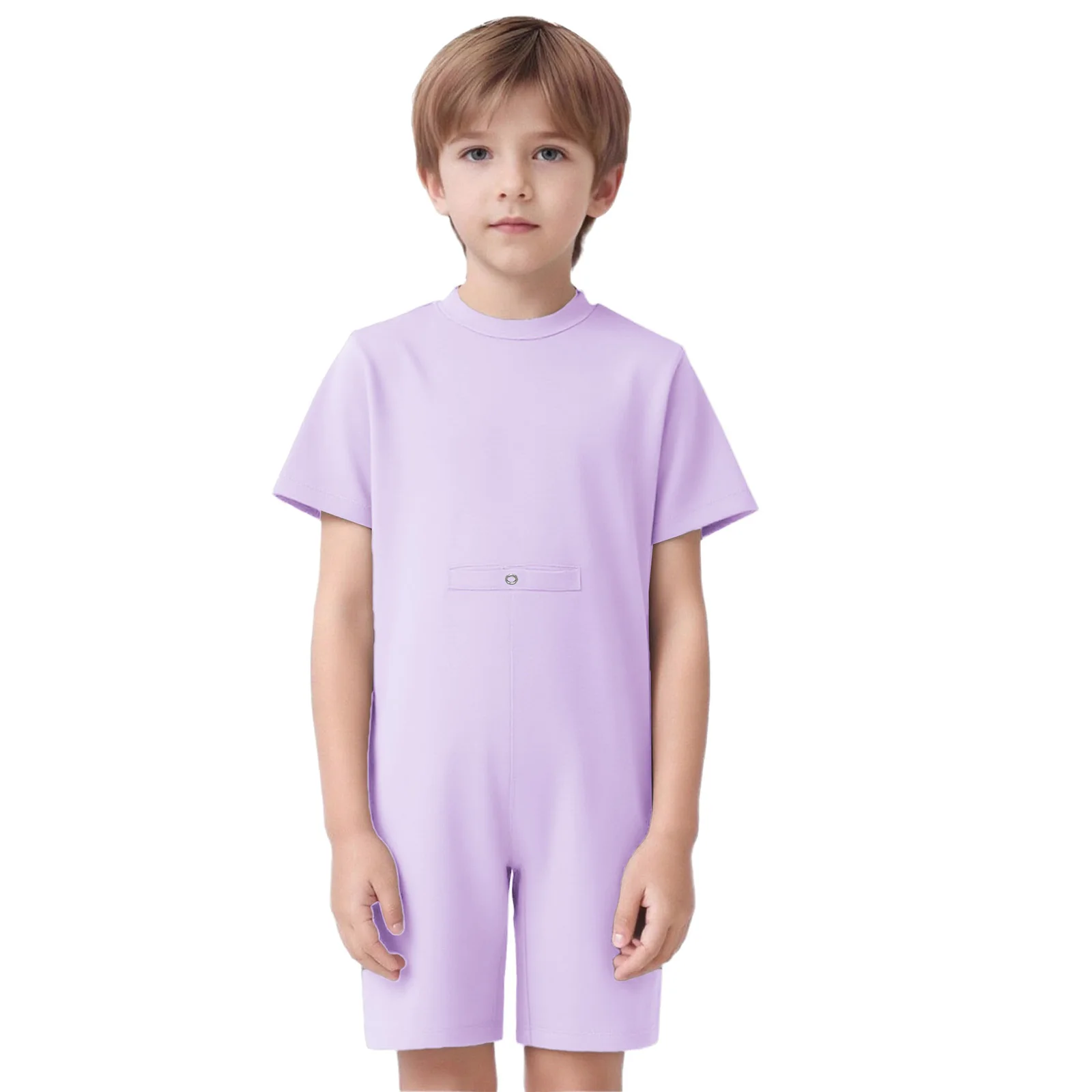 

3Pcs Kids Girls Boys Special Needs Adaptive Clothing Cotton Short Sleeve Round Neck Back Invisible Zipper Solid Color Jumpsuit