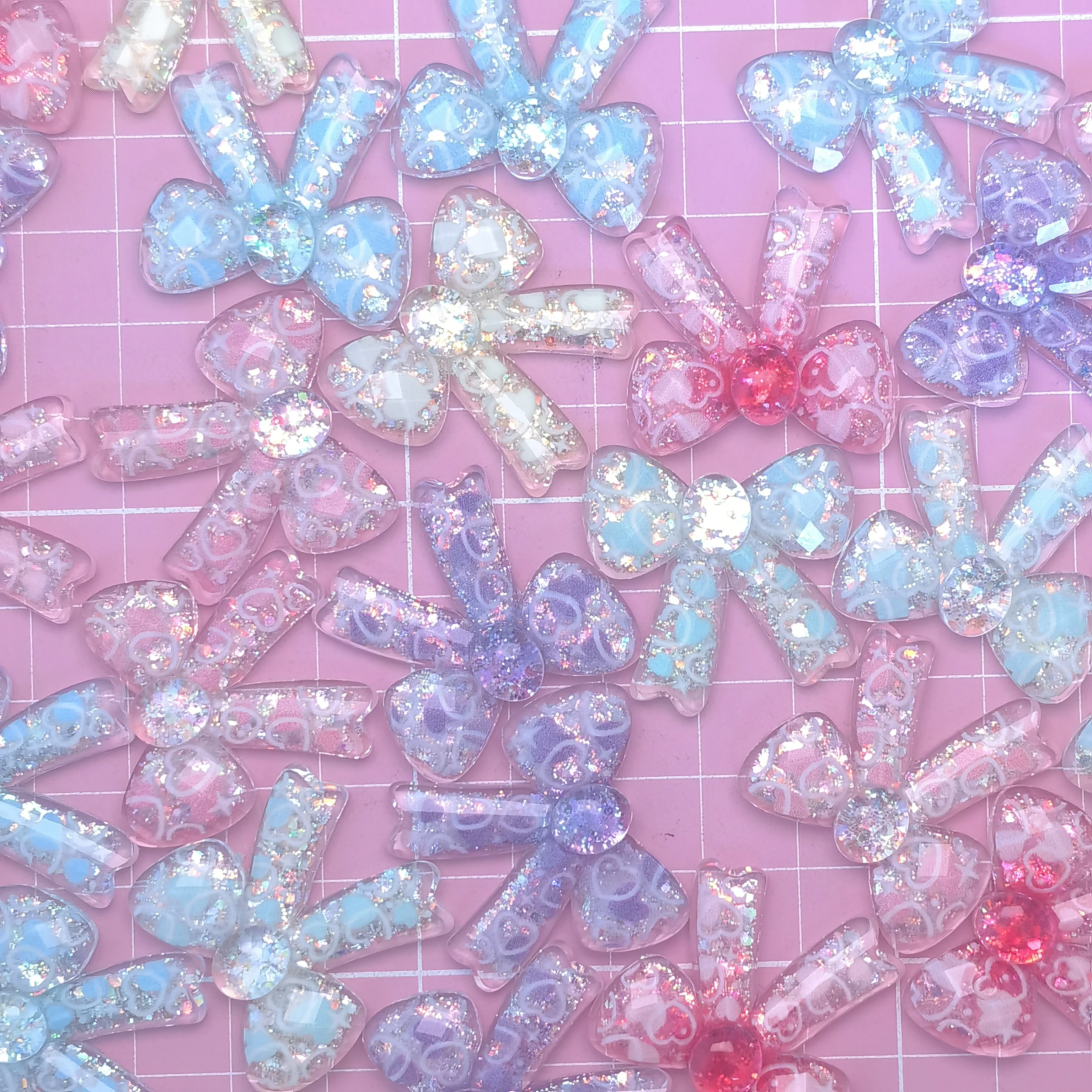 Glitte Heart Bowknot Flat  Back Resin Cabochons For Phone Necklace Decoration Crafts DIY Jewelry Making Accessories