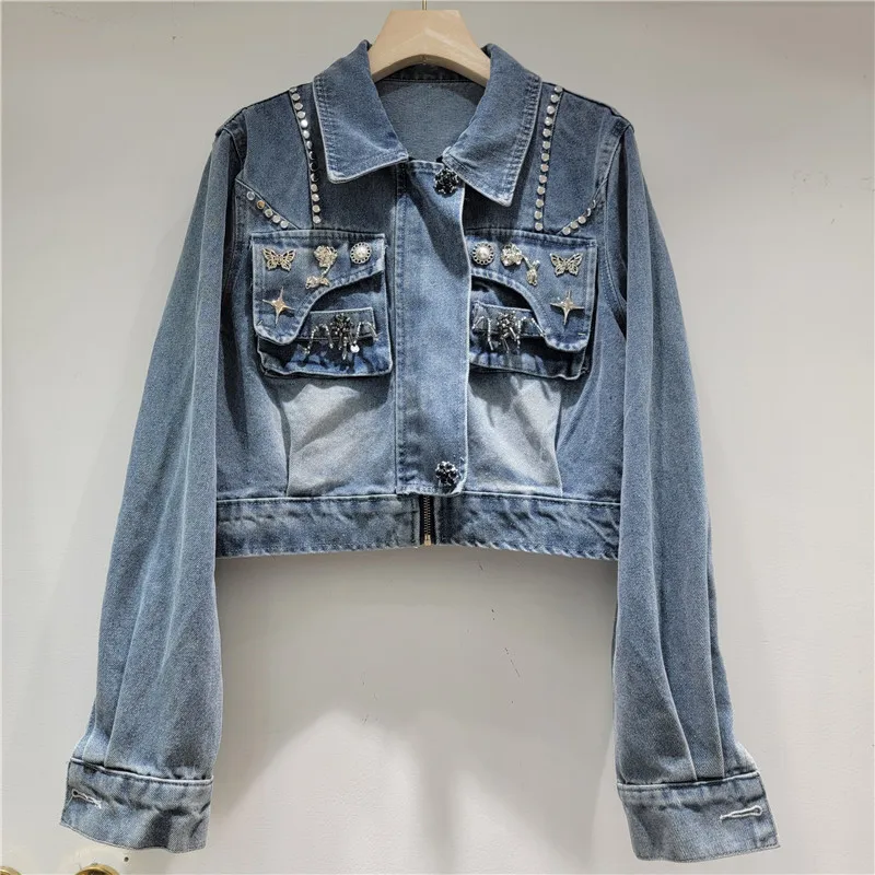 

Autumn Fashion Bow Decoration Frayed Burrs Hem Vintage Washed Blue Short Denim Jacket Casual Lapel Long Sleeve Jeans Jacket Coat