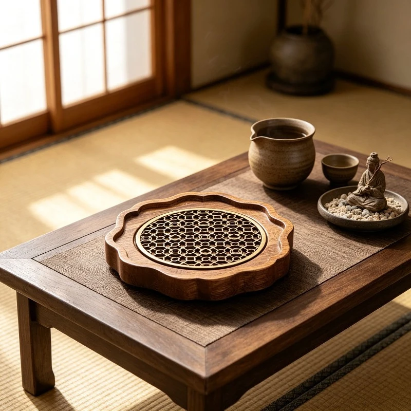 Vintage Walnut Tea Tray Mat Solid Wood Tabletop Cup Holder Practical Tea Ceremony Accessory for Home and Office Daily Use