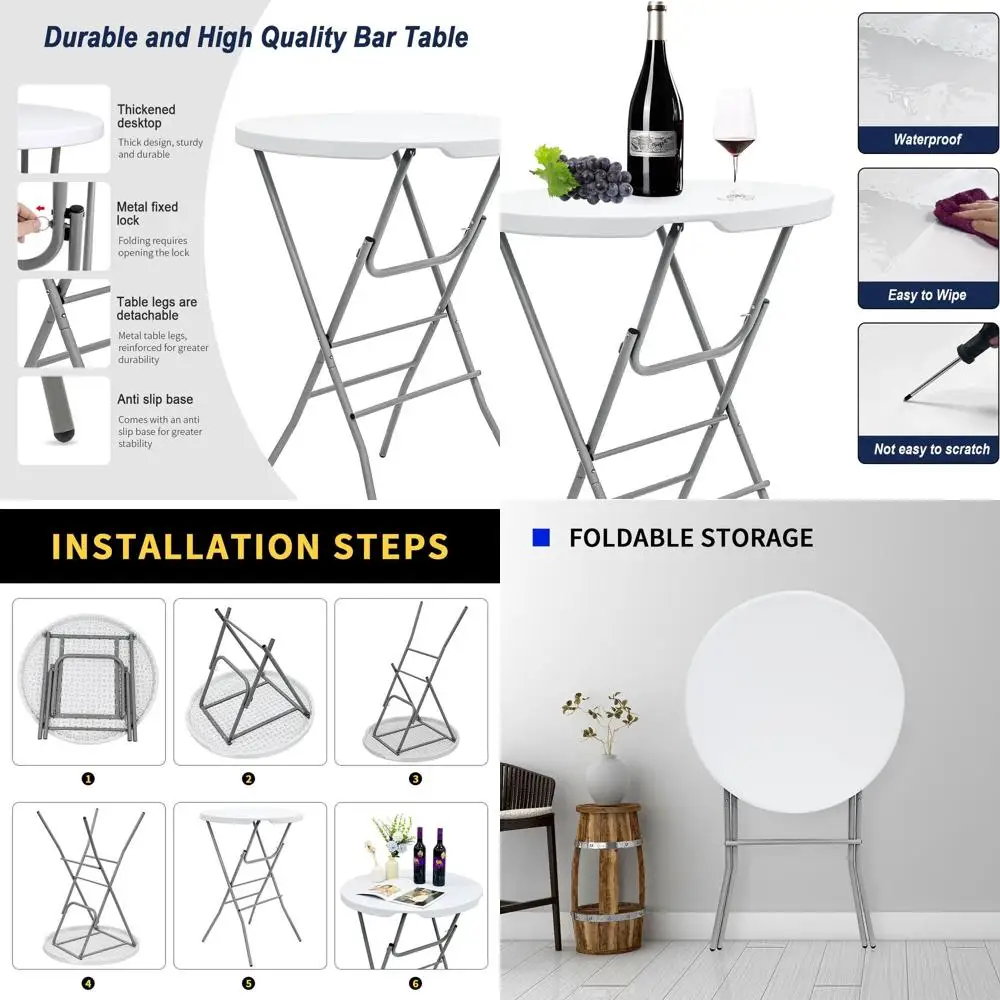 

White Round High Top Folding Cocktail Table with Detachable Gray Legs, Portable Bar Height