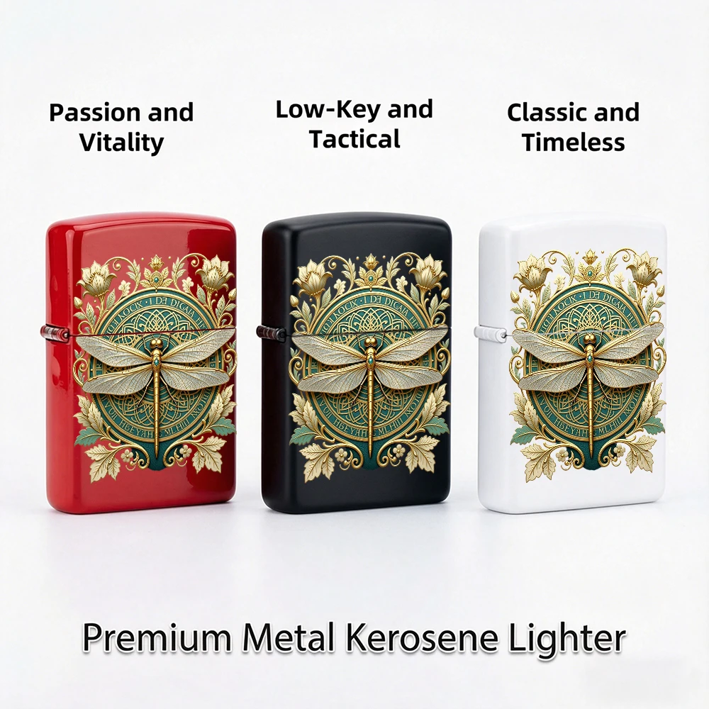 Vintage Flip Top Lighter lighters vintage Golden Dragonfly Celtic Ornate Floral Art Print lighters for smokers For Daily Carry