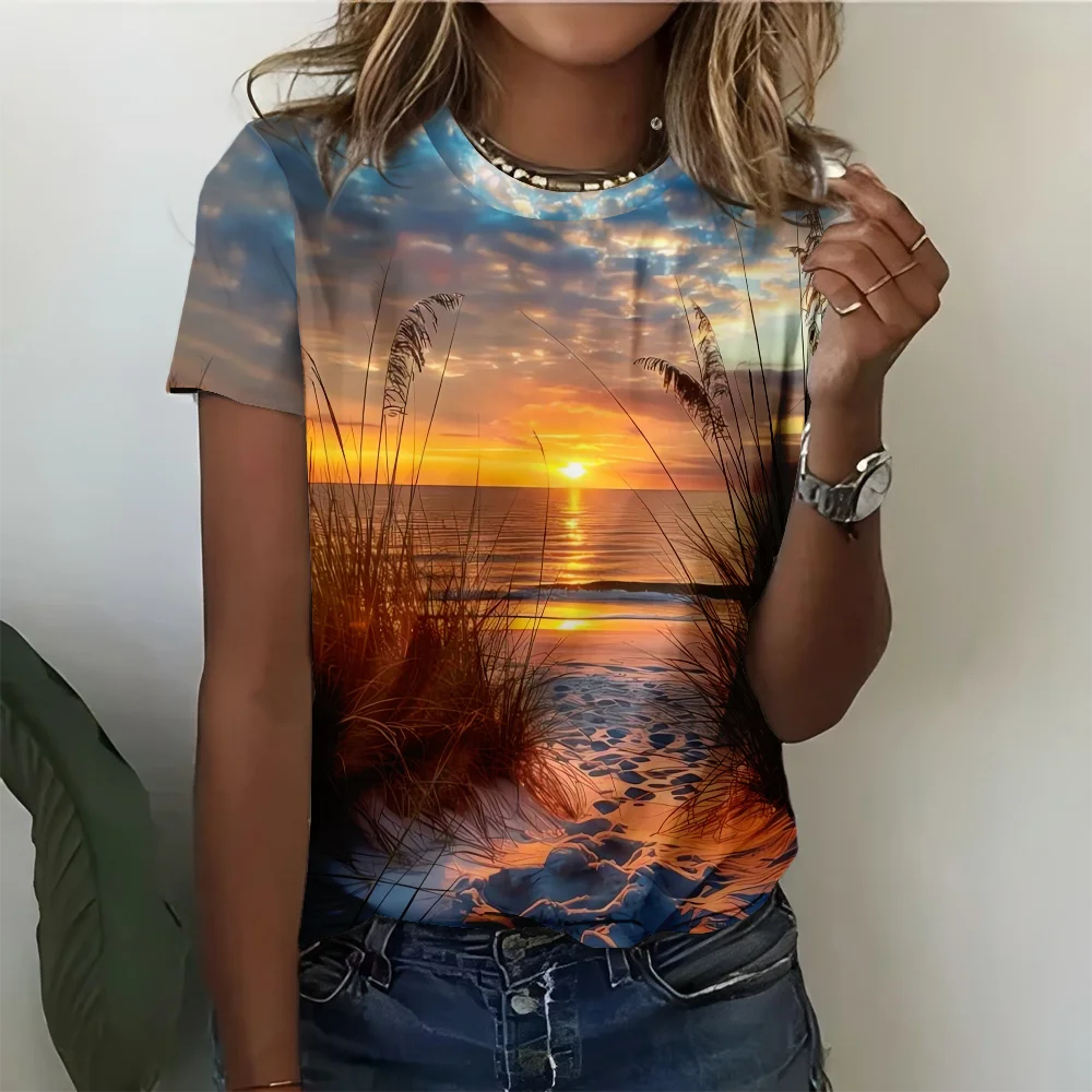 

Женская футболка с синим узором Ocean Sunset — летний повседневный модный удобный топ с короткими рукавами, вдохновленный природой