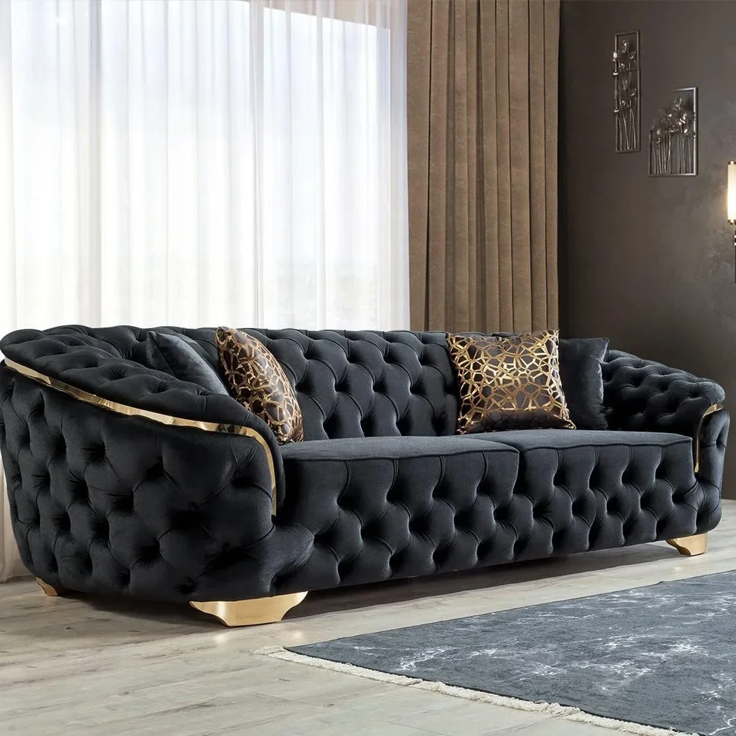 A Light Luxury Living Room Black Velvet 2 Seater Sofa With Gold Leg Upholstered Tufting Loveseat Lounge Sofas Couch Sets