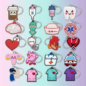 PVC 의료 스타일 키체인 간호사 청진기 온도계 키 링, 치아 헤랫 키 체인, 여성 및 어린이용 핸드백 액세서리, 1 개