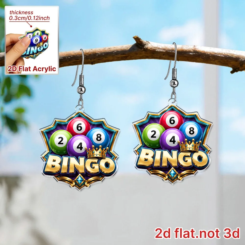 2D Flat Colorful Bingo Ball Acrylic Earrings Cute Fun Bingo Number Balls Hook Earrings Game Themed Festival Women Jewelry Gift