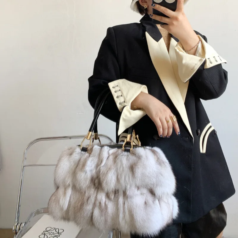 Torba crossbody futrzane torebki z lisim torebka futrzana z pojedynczym ramieniem dla kobiet torebki wieczorowe bardzo duże torby na ramię z futra srebrnego lisa
