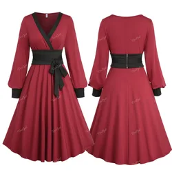 ROSEGAL Plus Size Chinese Style Surplice Ruffles Bishop Sleeve Dress With Bowknot Tie Belt Deep Red V-Neck Dresses Vestidos 5XL