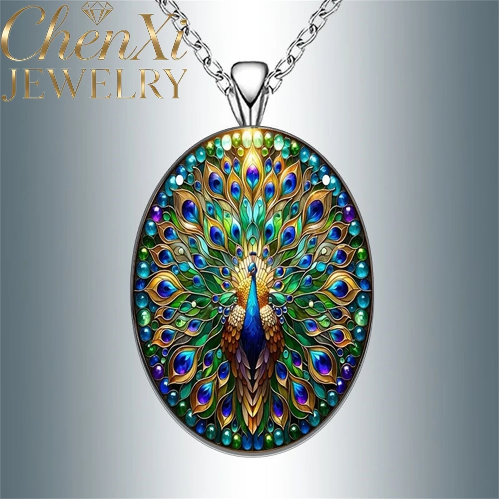

Fashionable Charm Peacock Pattern Oval Glass Pendant Necklace - Vintage Romantic Jewelry Gift Best Selling Luxury Quality Gift