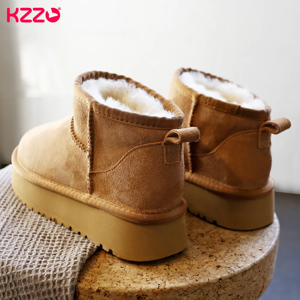 KZZO Women\'s Ultra Mini Platform Snow Boots Sheepskin Suede Leather Sheep Fur Lined Casual Thick Sole Ankle Winter Warm Shoes