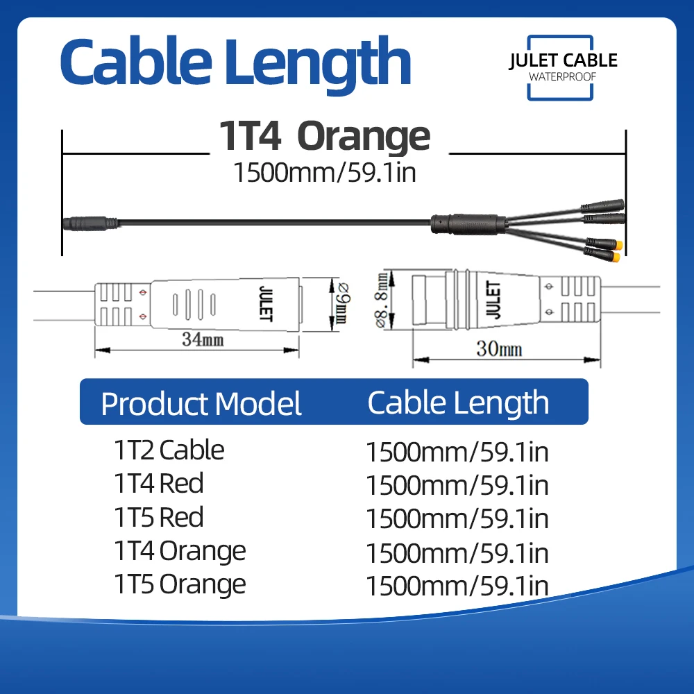 Jule 1T4 1T5 1T2 Waterproof Cable for Conversion Ebike Kit Display Brake Lever Throttle Connector Electric Bike Accessories