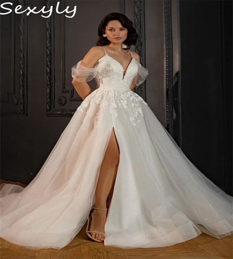 

Shiny Boho Wedding Dresses With Slit Elegant A Line Cap Sleeves Sweep Train Applique Lace Bohemian Bridal Dress Customized Bride