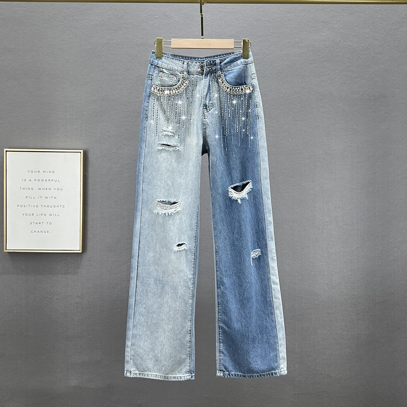 

Ripped Jeans For Women Summer High Waisted Loose Straight Leg Pants Korean Style Gradient Diamond Studded Wide Leg Trousers
