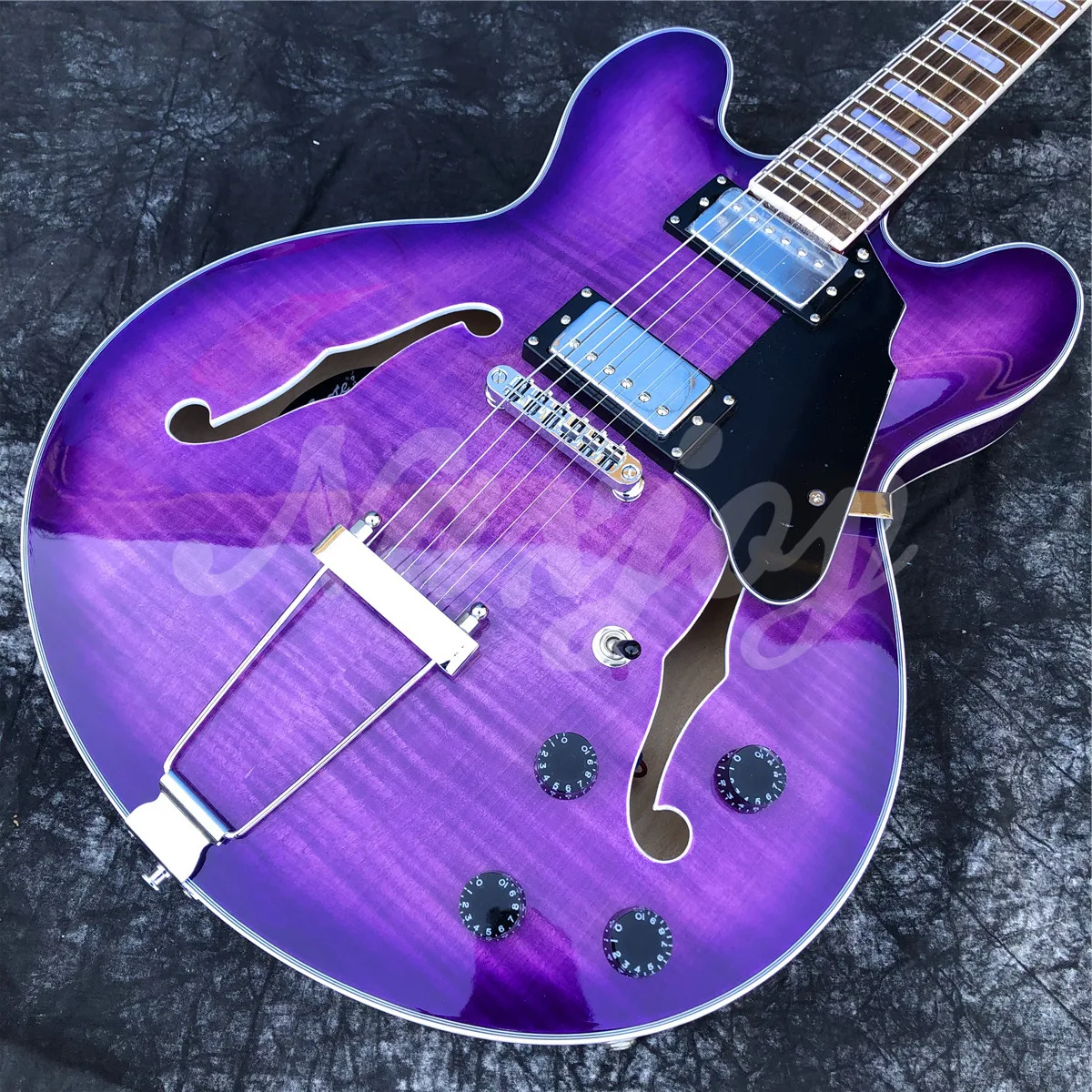 Grote Purple Flame Maple Electric Guitar Rosewood Fingerboard Double F Holes Thin Body Jazz,Free Shipping