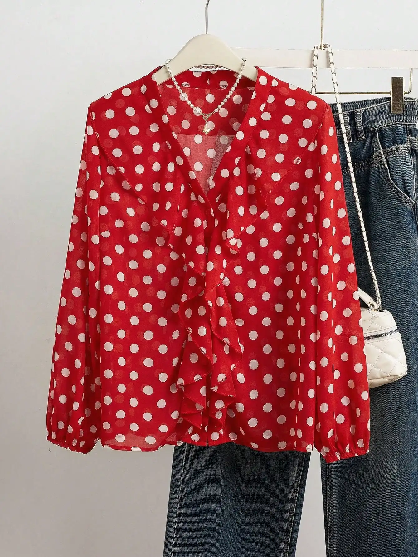 

Красная блузка в горошек с рюшами, женская, повседневная, элегантная, во французском стиле, для весеннего отдыха