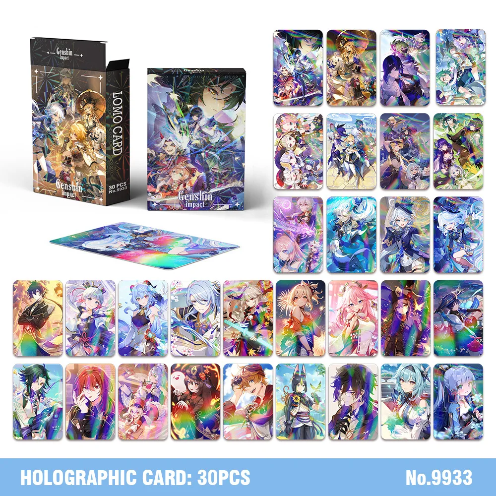 30PCS /Set Anime Genshin Impact Laser Glitter Photocard HD Printed Cards Lomo Card Xiao Kaedehara Kazuha HuTao Fans Collection