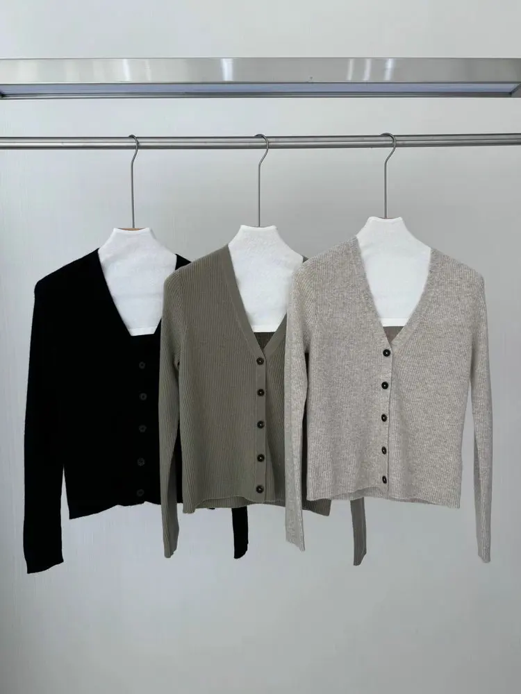 Spring and Autumn Cashmere Knit Cardigan V-neck Single-breasted Slim Fit Versatile Sweater Women's Clothing