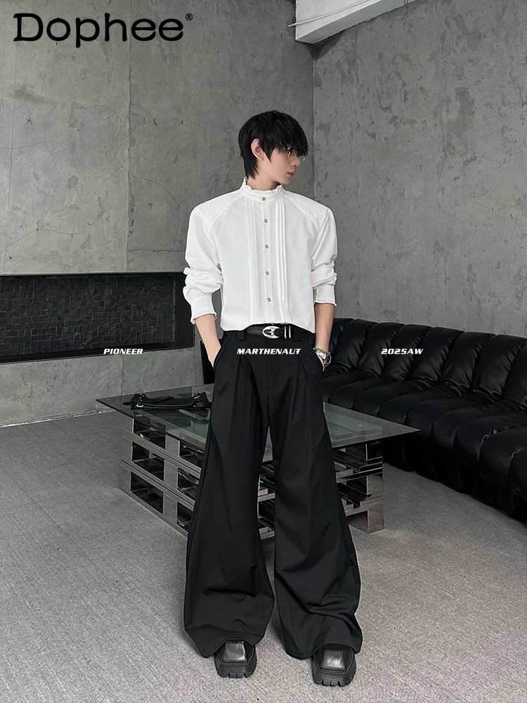 French Style High-End Court Style Lace Pleated Shirt Fashionable Loose Casual Long Sleeve Shirt for Men