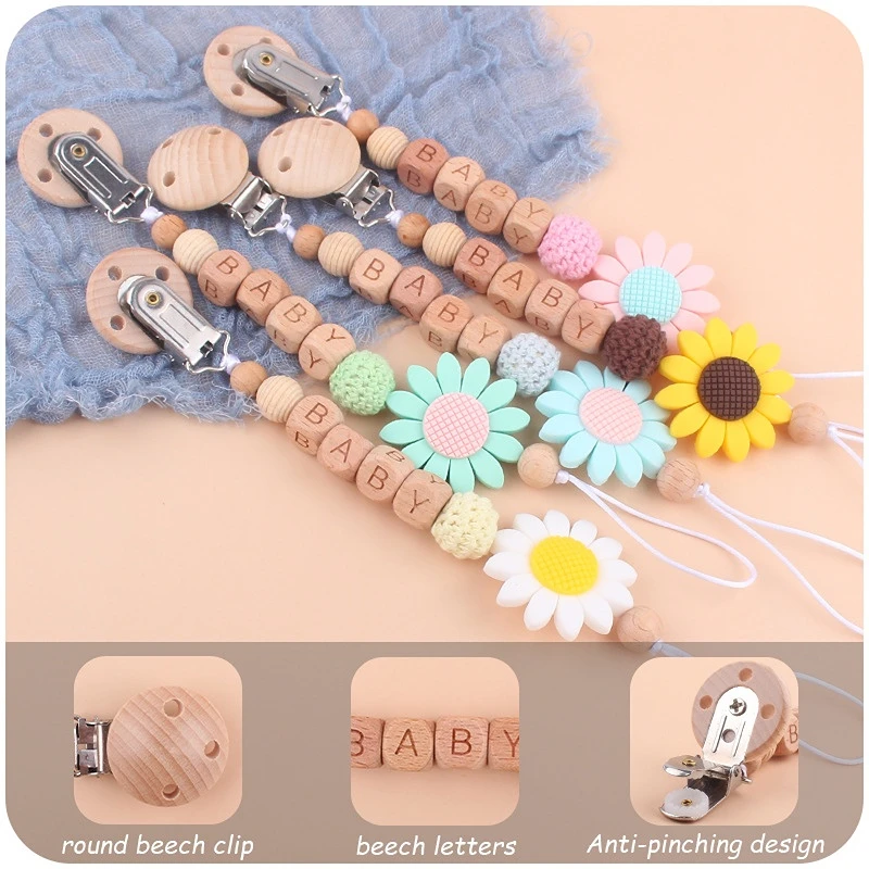 Ins Personalized Name Baby Pacifier Clips Flower Silicone Beads Teethers Dummy Nipple Holder Clip Newborn Teething Toys BPA Free