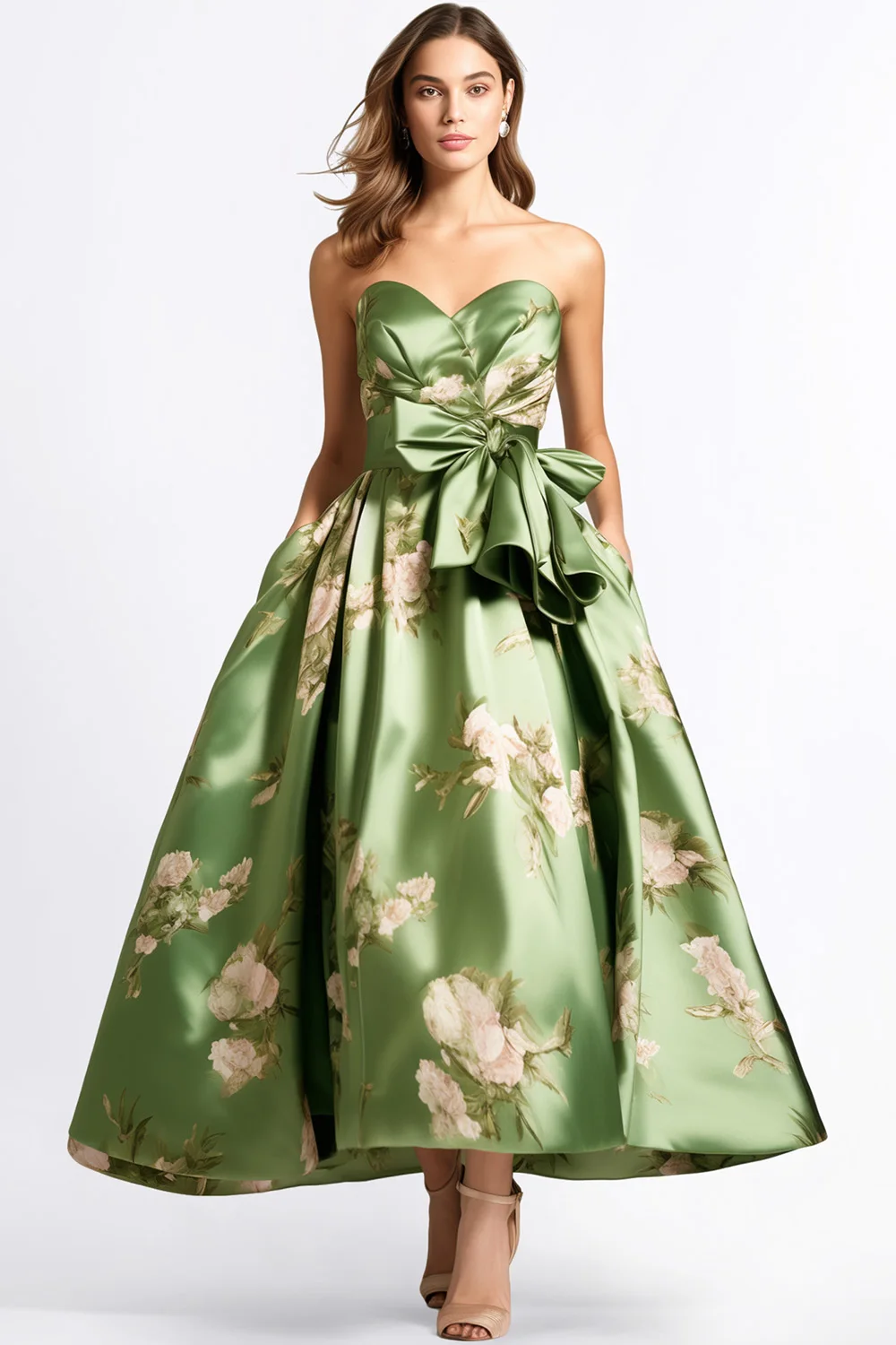 

Women's Wedding Guest Green Satin Floral Print Strapless Elegant Maxi Dress