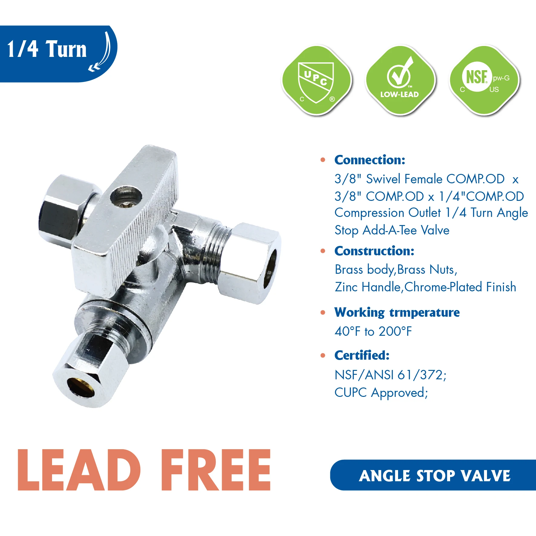 KING SMART Brass Angle Stop Add-A-Tee Valve, 3/8" * 3/8" * 1/4" Comp. OD. 1/4 Turn; 1Pcs/Case; Lead Free Brass;  81310