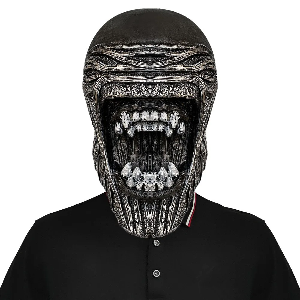 Alien Gruselmasken Latex-Kopfbedeckung Cosplay-Kostüm-Requisiten Schwarzer Helm Realistische Masken – Detail 1