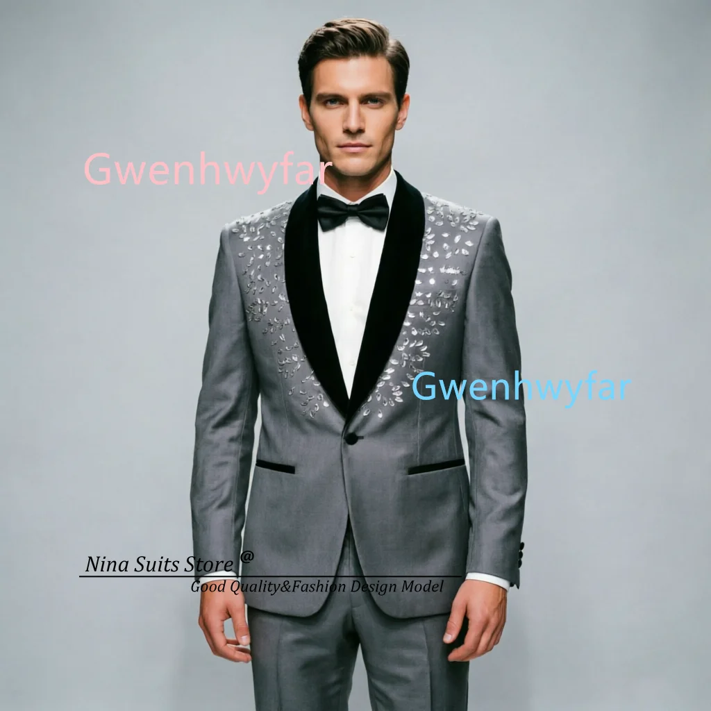Nina Store Elegant Gray Men's Wedding Party Formal Tuxedos 2026 New Men's Suit Jacket with Hand Sewn Shiny Acrylic Decoration