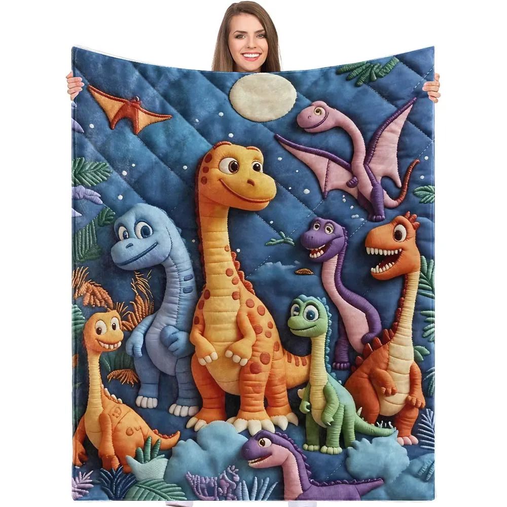 

1pc Cute Cartoon Dinosaur Night Sky Quilted Fleece Blanket for Kids Boys Girls Home Bedroom Decor