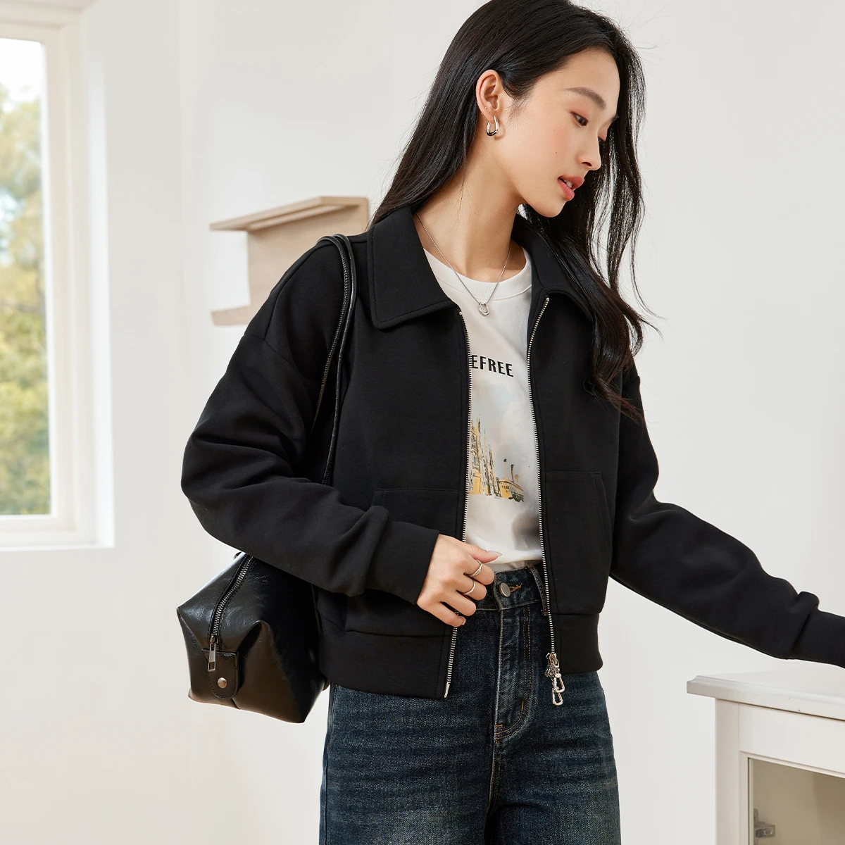 VIMLY, chaquetas cortas informales para mujer, otoño 2025, nuevos abrigos con diseño de cremallera, prendas de vestir de punto de manga larga lisas simples para mujer M8608