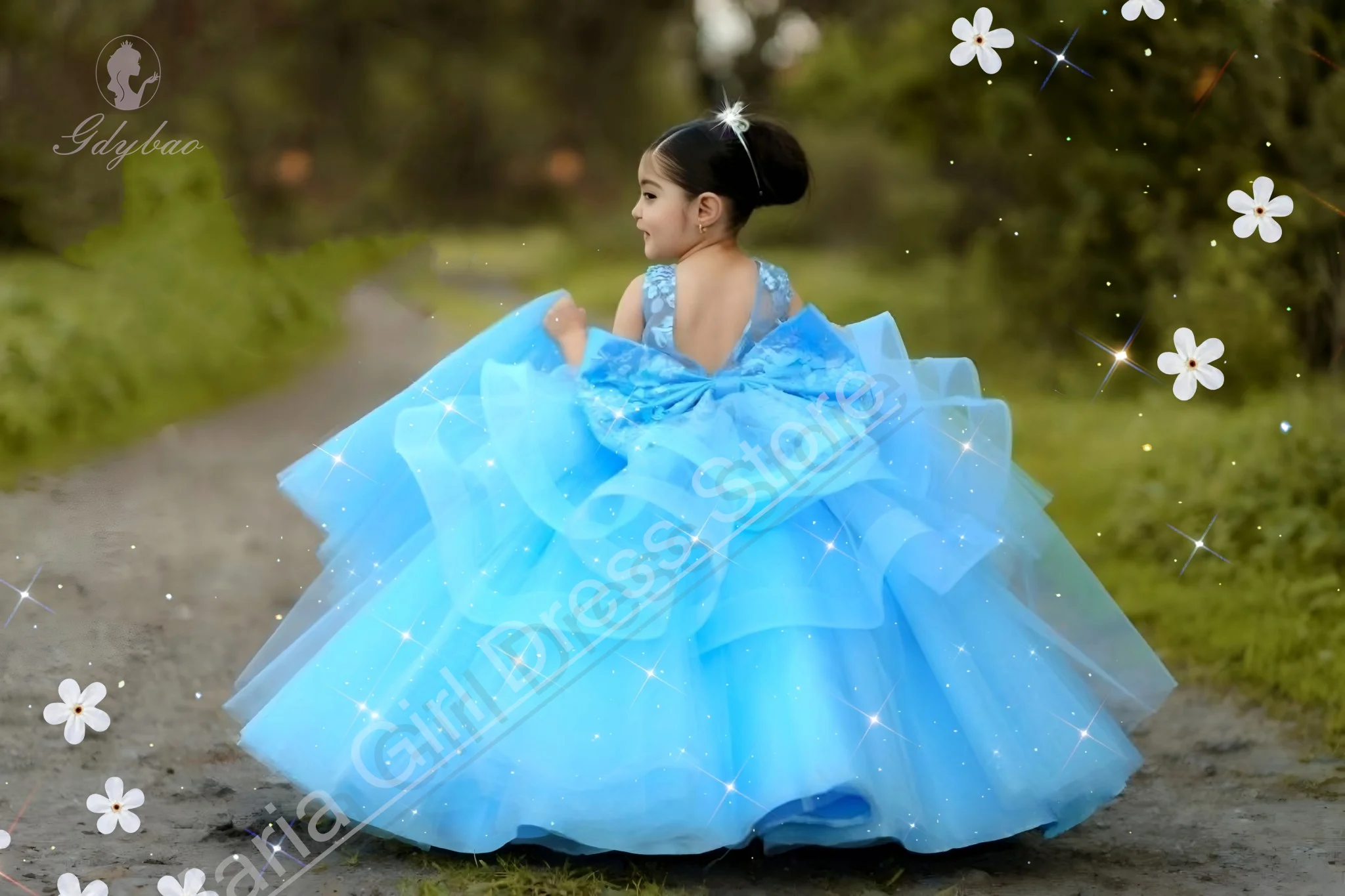 Jasnoniebieska sukienka dla dziewczynki do sypania kwiatów, falbanki, bez rękawów, puszysta siateczka, na urodziny, wesele, dla druhny, na przyjęcie dla dziewczynek.
