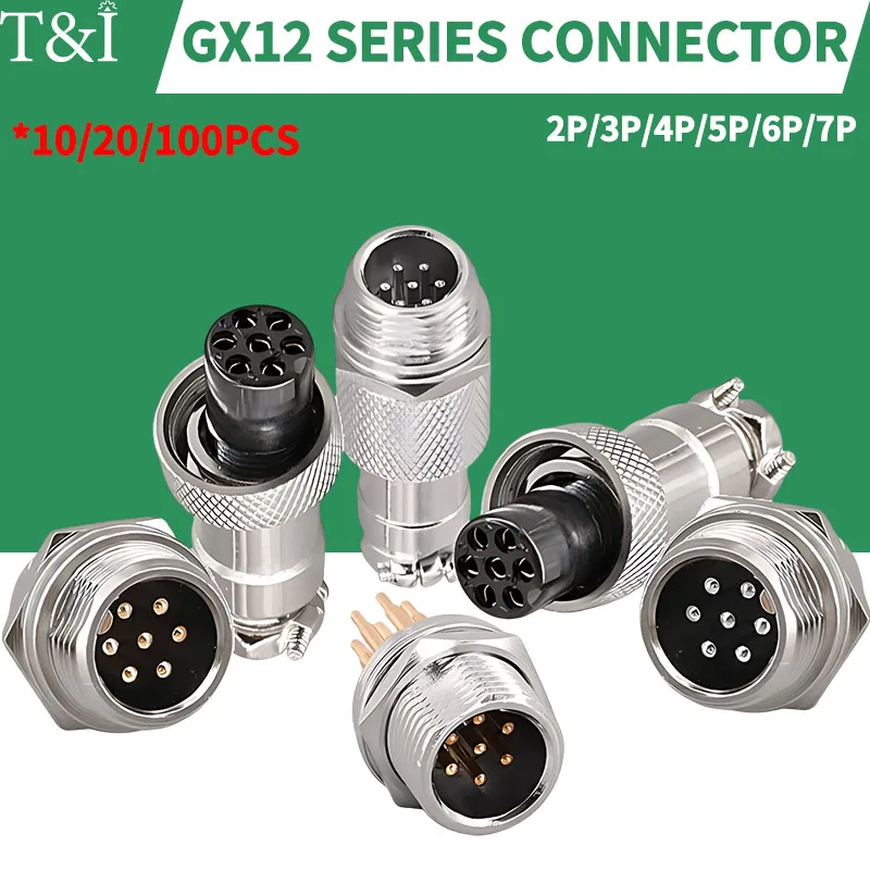 10/20/100Pcs GX12 Series Aviation Circular Connectors: PCB Male Socket Flange Square Block Plug for 2P 3P 4P 5P 6P 7Pin 5A 125V