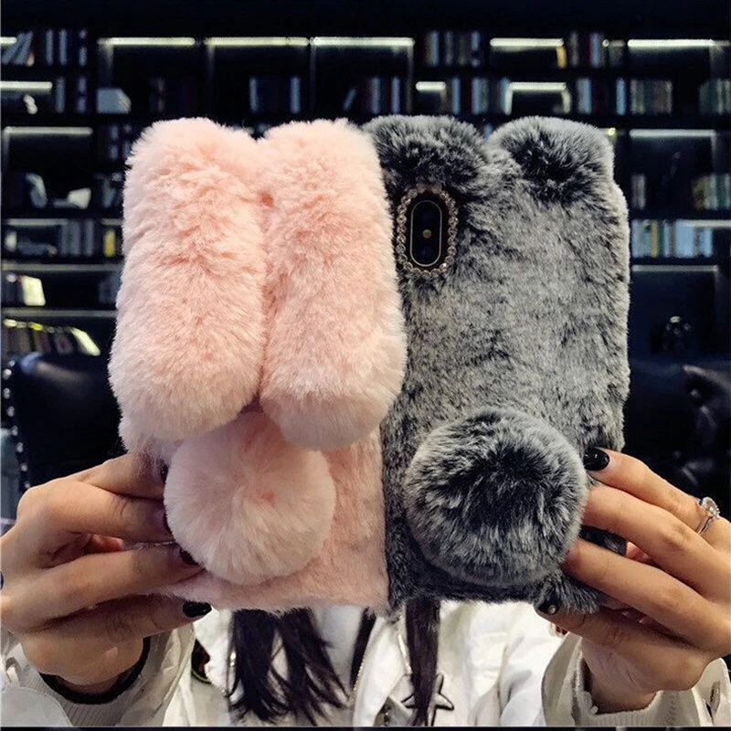 10pcs Cute 3D Rabbit Ears Fur Plush diamond Case For iPhone 12 13 11 mini pro X XS Max XR X 5S 6 6S SE 7 8 Plus Warm Furry Cover