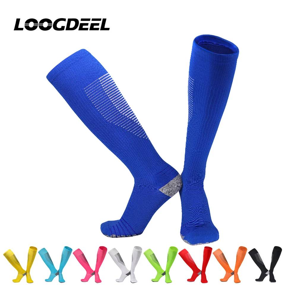 

LOOGDEEL Stripe Sports Soccer Socks Adult Kids Breathable Football Knee High Training Running Long Stocking Towel Bottom Sock