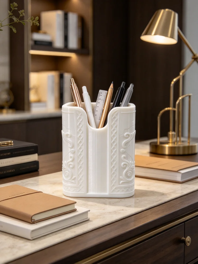 White Embossed Carved Desktop Pen Holder, 3D Printed Petg Material, Vintage Scroll Pattern Design, Delicate and Elegant Texture, Light Luxury Style, Square Notch Opening, Combines Modern and Classic Aesthetics, Multifunctional Stationery Organizer, Can Hold Stationery and Makeup Brushes, Durable, Lightweight, Drop-Resistant, Height 9.5cm, Base 7.4cm, Suitable for Office, Home, Student Desks, Dressing Table, Beauty Storage