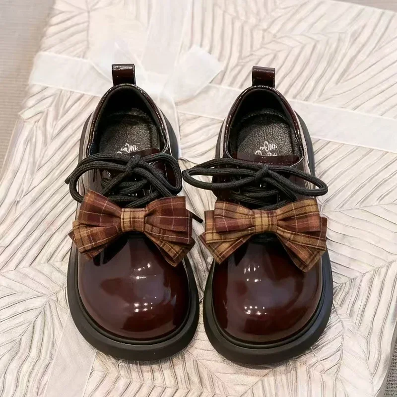 Girls Plaid Bow Patent Leather Oxford Shoes Kids Lace‑Up Style Thick‑Sole School Dress Shoes