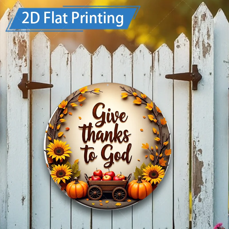 ป้ายโลหะแบบแบน 2 มิติ 1 ชิ้น ขนาด 8x8 นิ้ว ลายพิมพ์แบบแบน 2 มิติ ตกแต่งผนังธีมฤดูใบไม้ร่วง "ให้ขอบคุณพระเจ้า" พร้อมลายฟักทองและดอกทานตะวัน สำหรับตกแต่งบ้าน