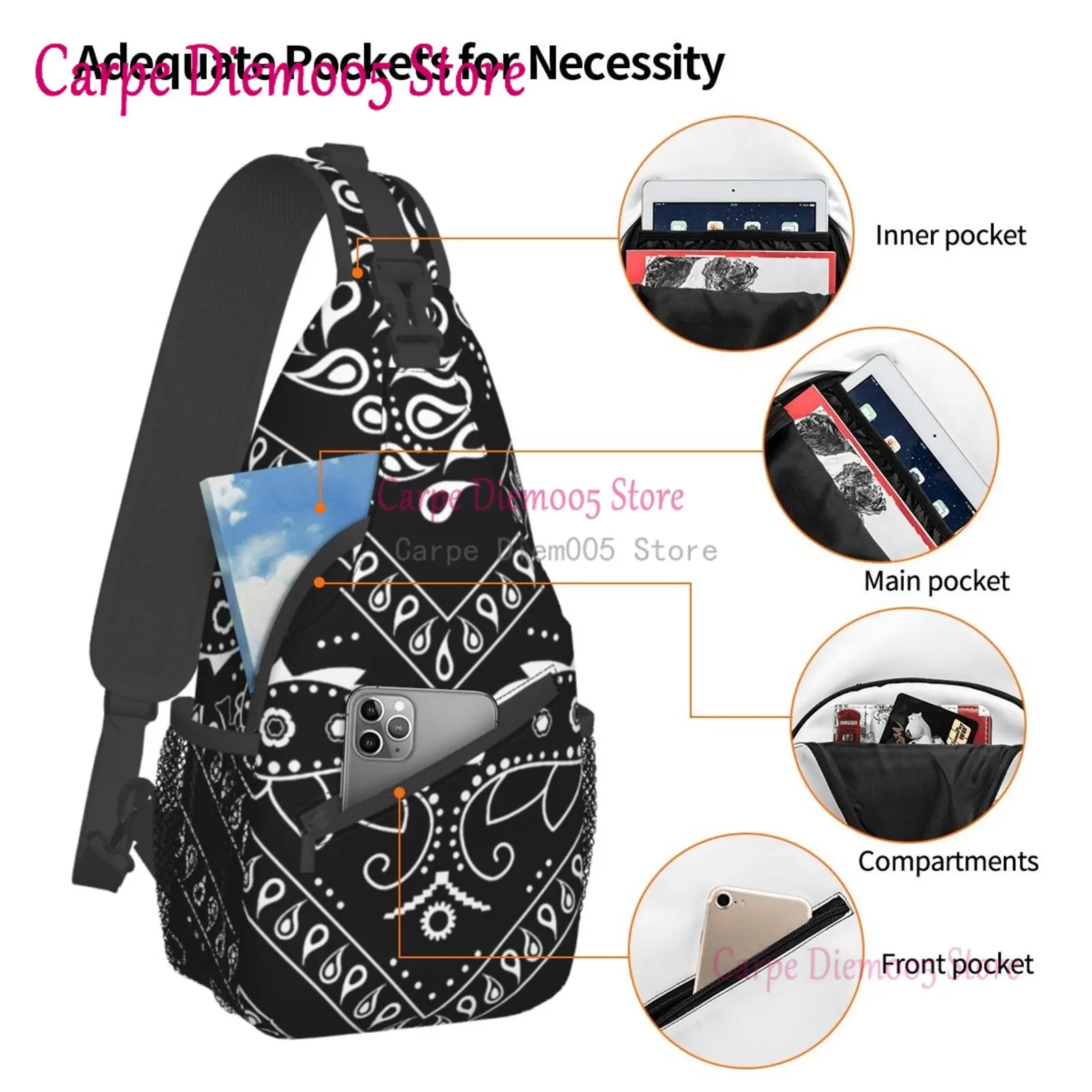 Black And White Paisley Chicano Bandana Sling Crossbody Chest Bag Men Shoulder Backpack for Hiking