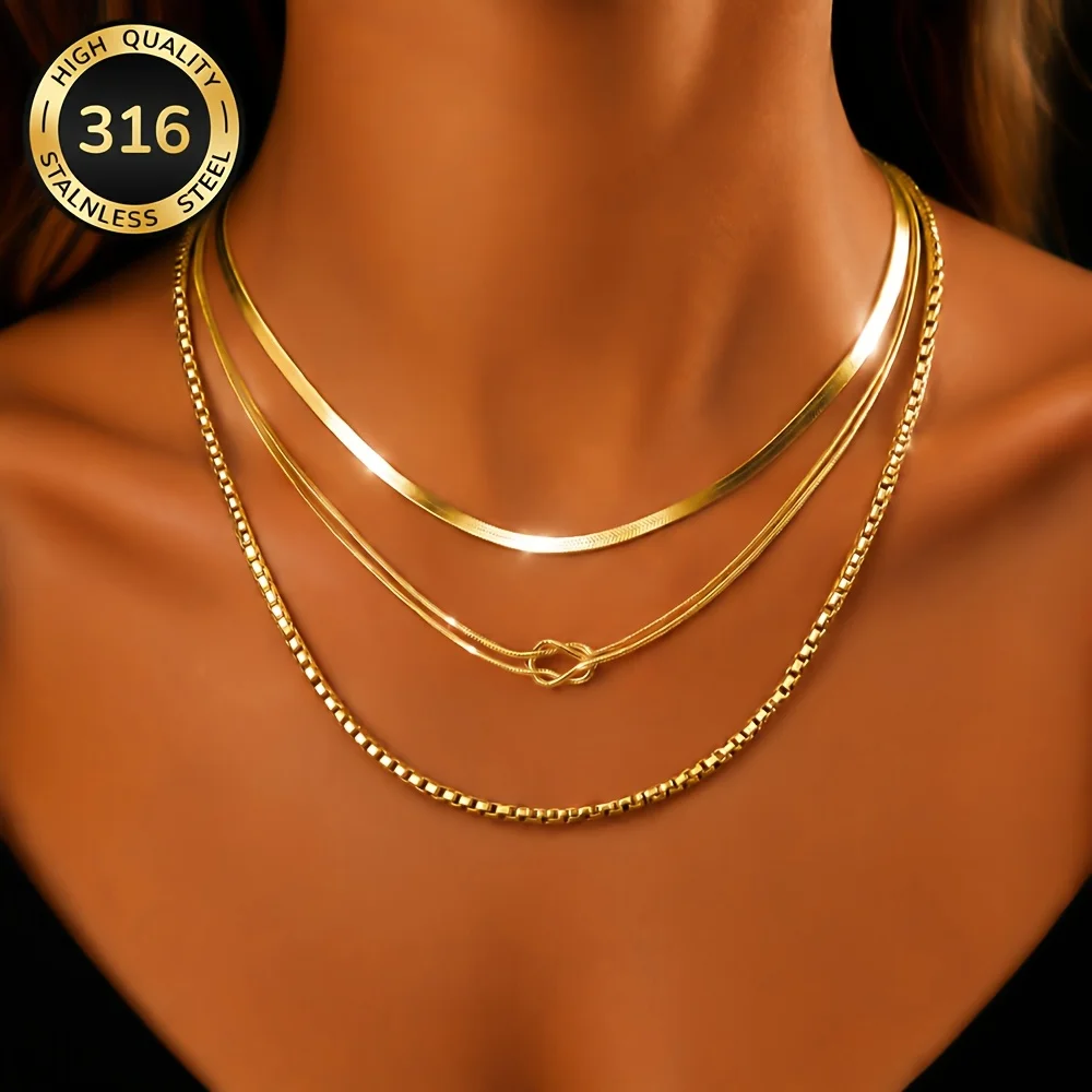 3Pcs High-Quality Stainless Steel Stacked Necklaces, Anti-Fading, Simple and Elegant, Suitable for Daily Wear or Parties, Fashionable Women's Necklaces, Jewelry Accessories, Are Exquisite Gifts for Women.