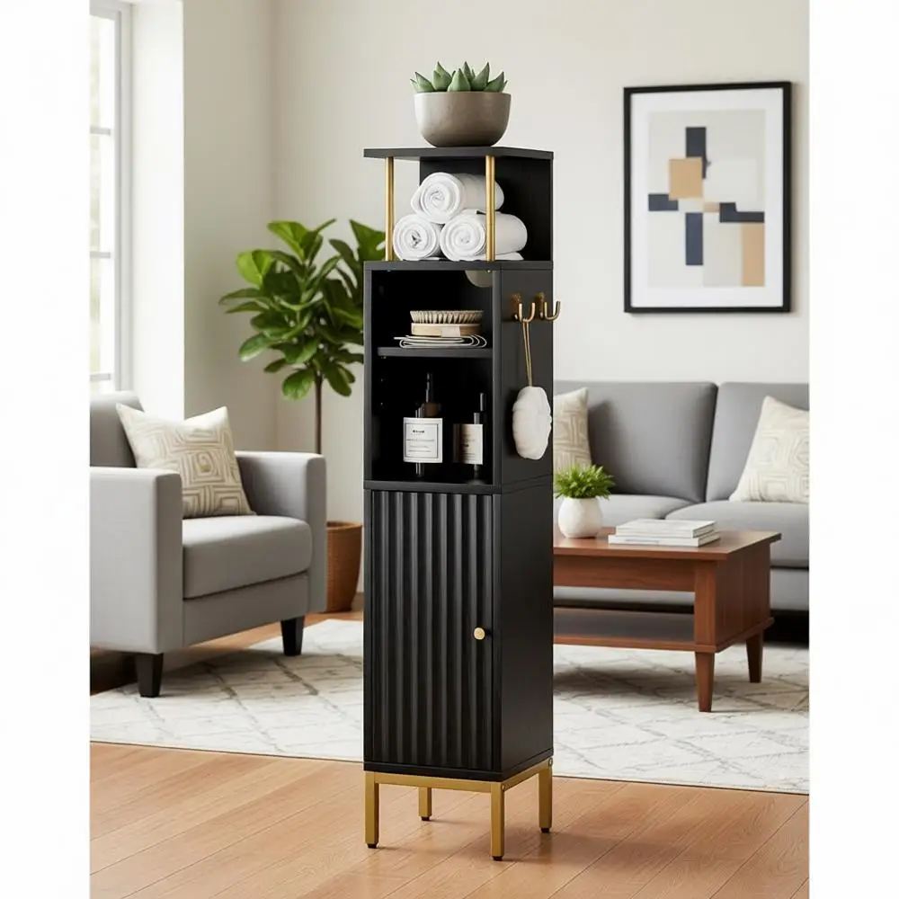 

Компактный шкаф для хранения с крючками, высокие узкие регулируемые полки для туалетных принадлежностей, идеально подходит для небольших помещений и гостиных