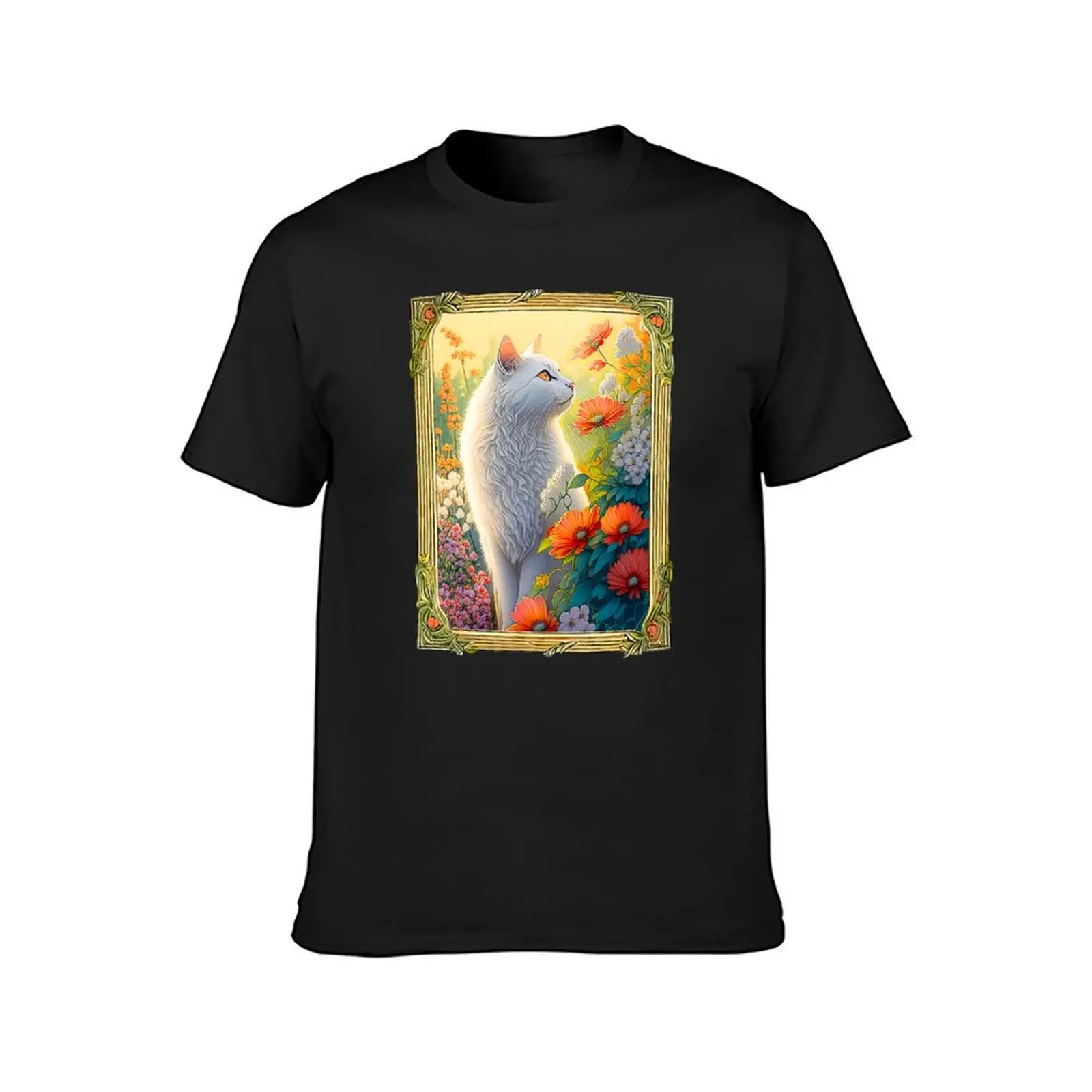 Framed White Cat in a Flower Garden T-Shirt Blouse plain cute tops men workout shirt