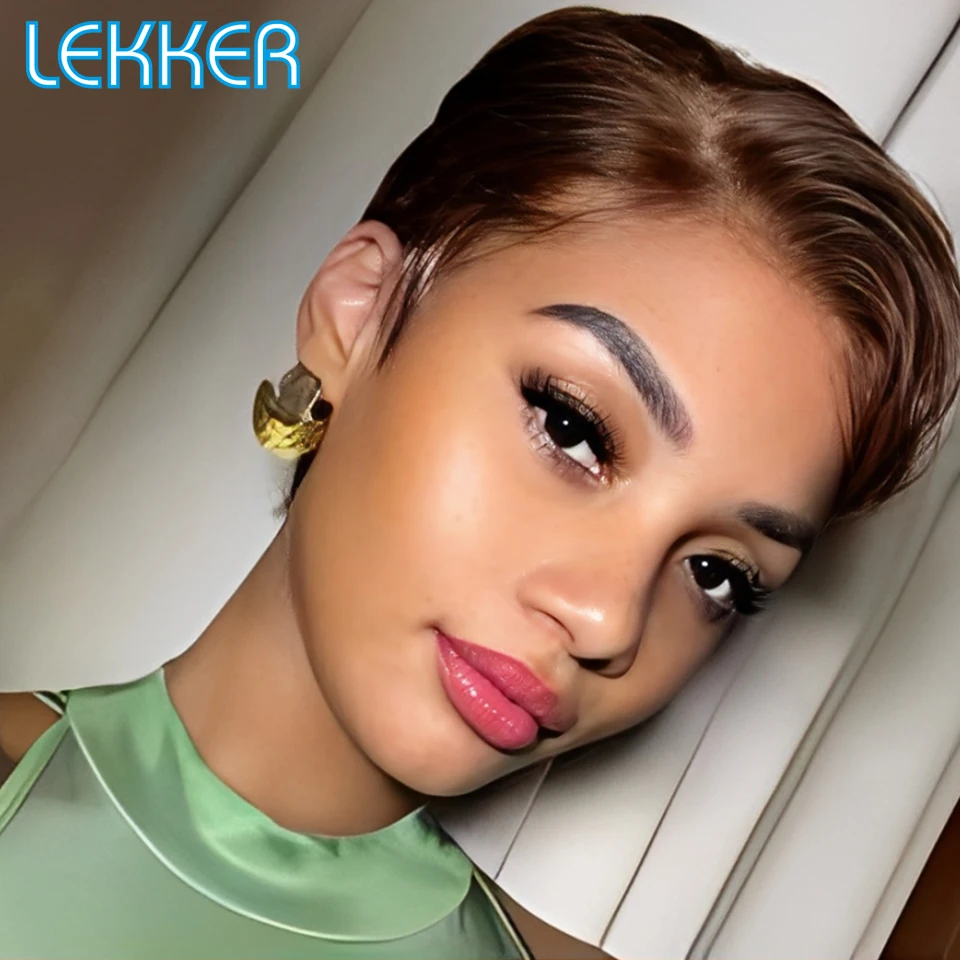 Perruques courtes brunes Lekker CLearance, coupe pixie, raie latérale, lace front, 100% cheveux humains, sans colle, cheveux brésiliens Remy, pour femmes, style bob.