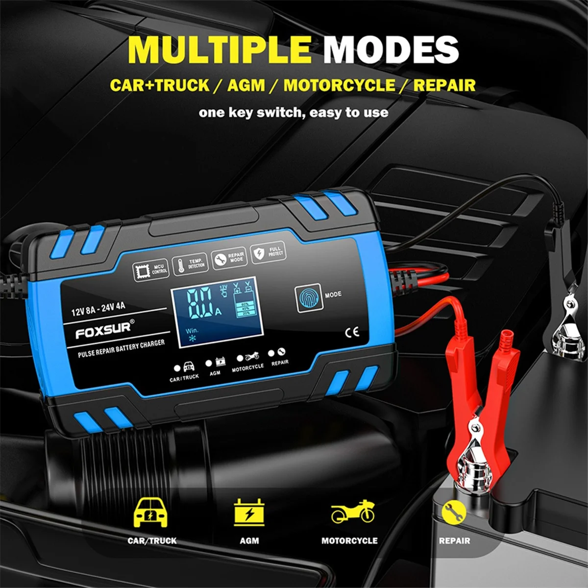 New Foxsur Motorcycle Car Battery Charger 12V 8A 24V 4A Automatic Pulse Repair LCD Smart Car Battery Repair Charger-EU Plug