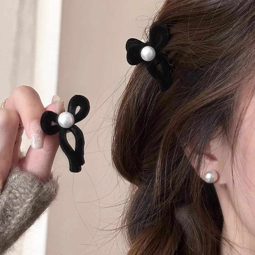 2 Pieces Velvet Bows Side Hair Clips Pearl Hair Accessories For Women Hairpin Mini Cute Girls Headwear 3 Colors