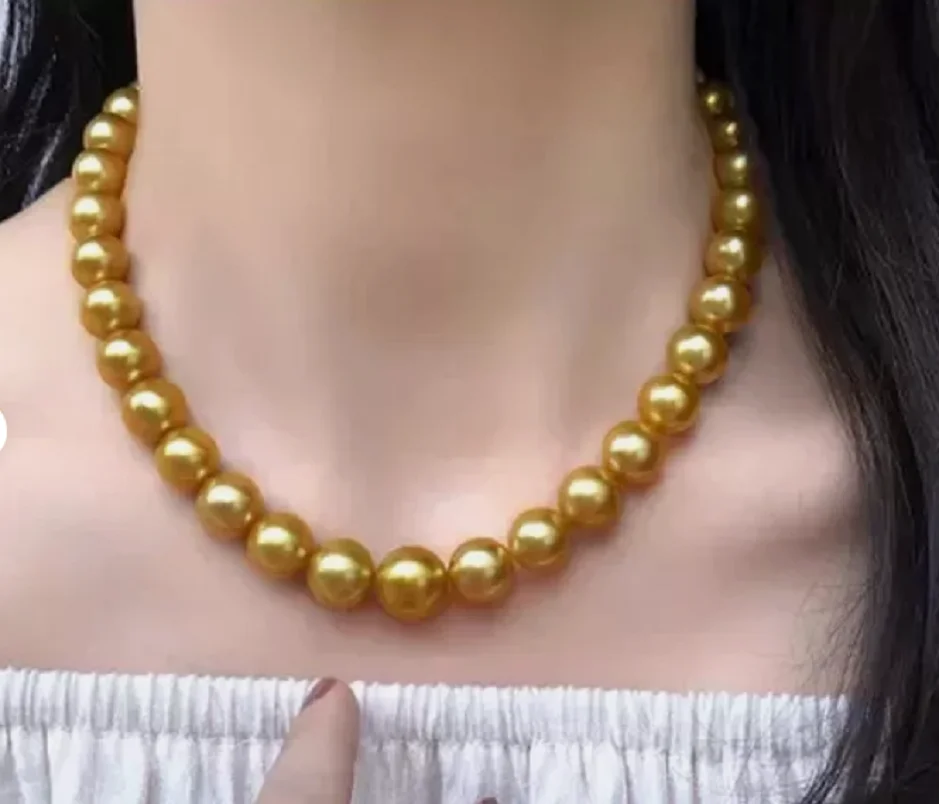 Fine Jewelry AAAAA 10-11MM NATURAL SOUTH SEA GENUINE GOLDEN ROUND PEARL NECKLACE 14Klasp