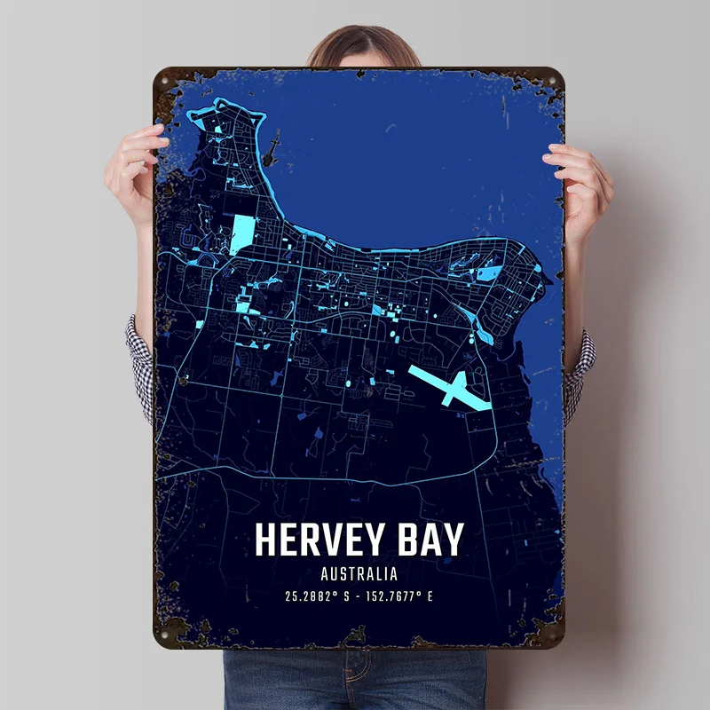 Hervey Bay Midnight City Map Blechposter, individuelle Wandkunst, Vintage-Metallschilder, Retro-Blechtafel für Schlafzimmerdekoration
