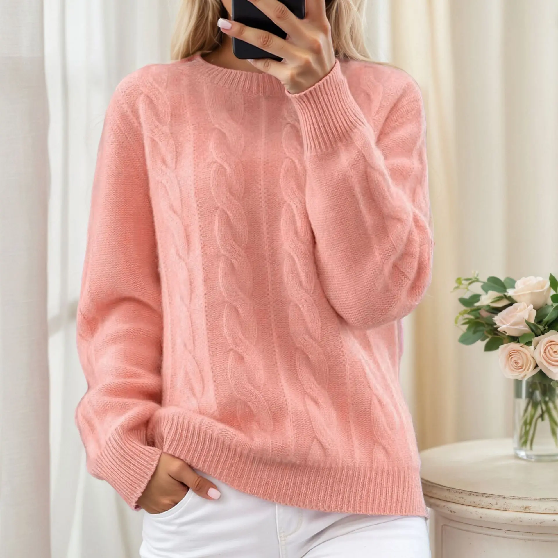 

Women's Loose Knitted Sweater Solid Color Round Neck Top - Autumn Winter New Retro Jacquard Hemp Flower Pattern Pullover