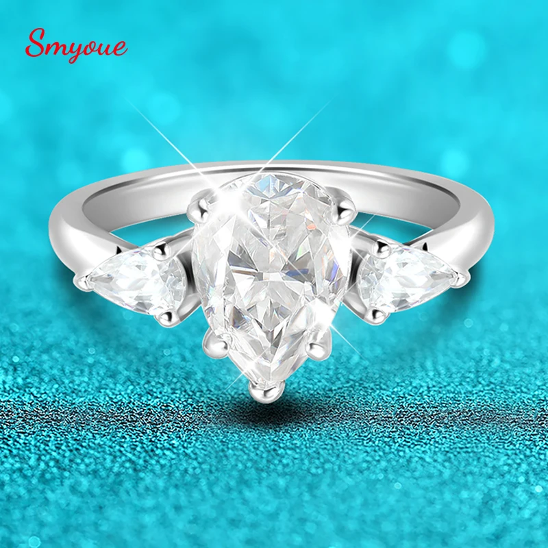 Smyoue 2CT Pear Cut Flawless Moissanite Ring for Women Wedding Promise Band Bride Jewelry 925 Sterling Silver 3 Stones Wholesale