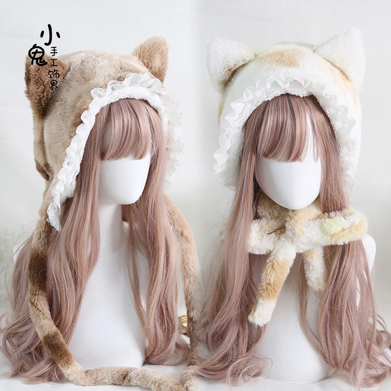 Three Flower Cat Ears Cute Lace Autumn and Winter Ushanka Lolita Plush Tabby Cat Lolita Earflaps Head-Wrapping Hat